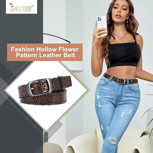 Women Leather Belt Hollow Flower Braided Buckle Casual Formal Accessory